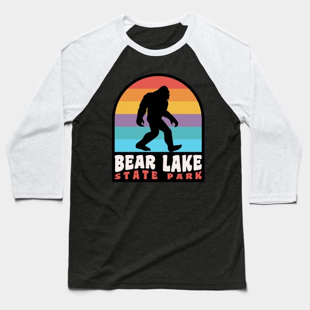 Bear Lake Utah Bigfoot Sasquatch Retro Sunset Baseball T-Shirt by PodDesignShop